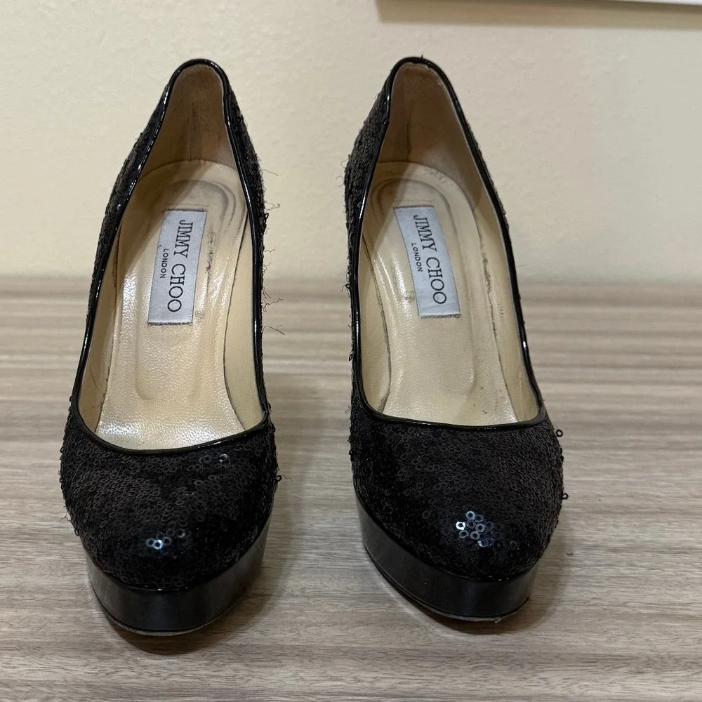 Jimmy Choo Women‎ Sequin Platform Pumps 36 6 Black Glam Evening Stiletto Heel